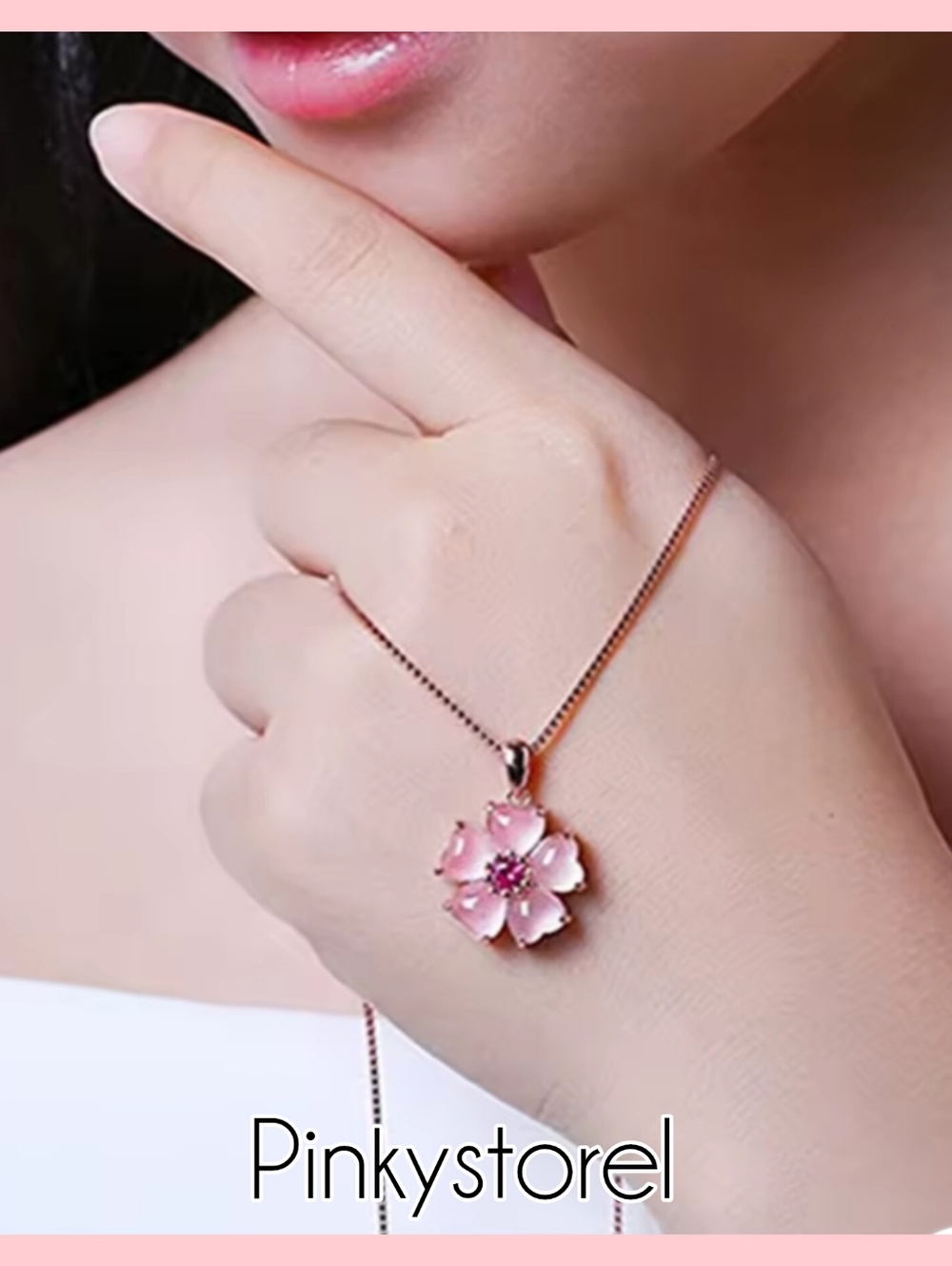 Rose Gold Pink Flower Pendant Necklace with Pink Center - Picture 5 of 7